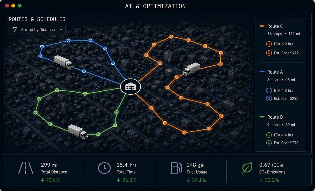 AI optimization showing three optimized truck routes from a depot with KPI strip for distance, time, fuel, and CO2 savings